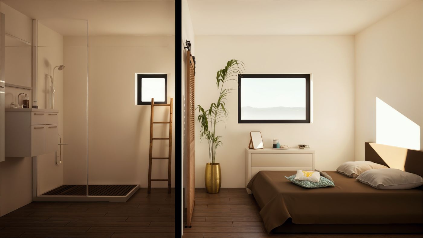 Chambre et salle de douche au Clos Montaigne
